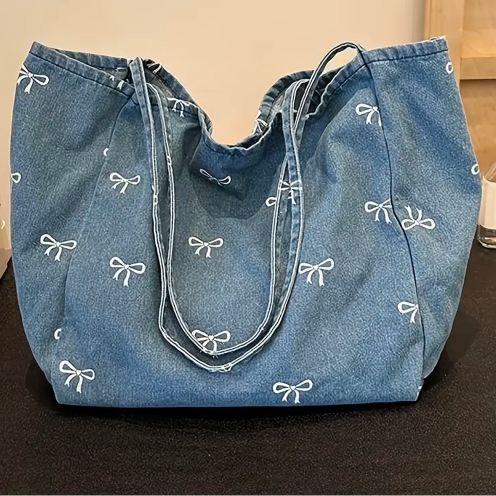 NIP Balletcore Denim Bow Detail Large-Capacity Tote Bag Commuting